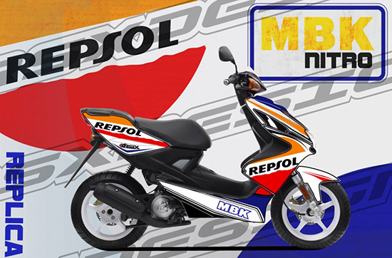 RSX Design propose ce superbe kit déco Repsol Replica pour Nitro et Aerox