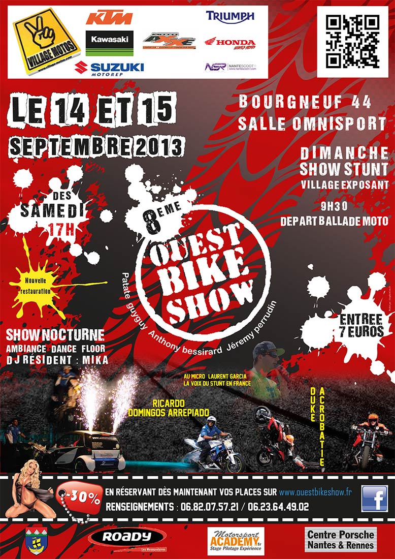 Affiche de l'Ouest Bike Show 2013 de Bourgneuf-en-Retz : stunt et acrobatie moto