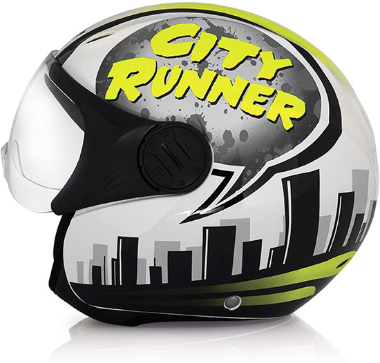 Le casque Acerbis X-Jet City Runner arbore une déco urbaine acidulée