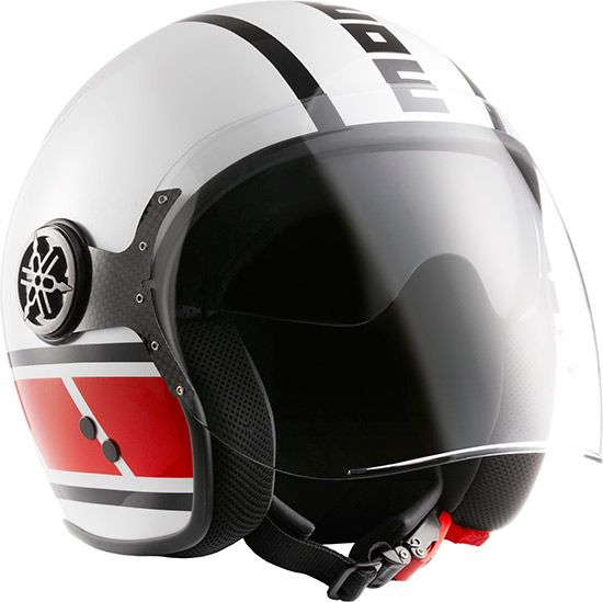 Le casque jet Momo Design Speedblock arbore la déco des Yamaha de compétition