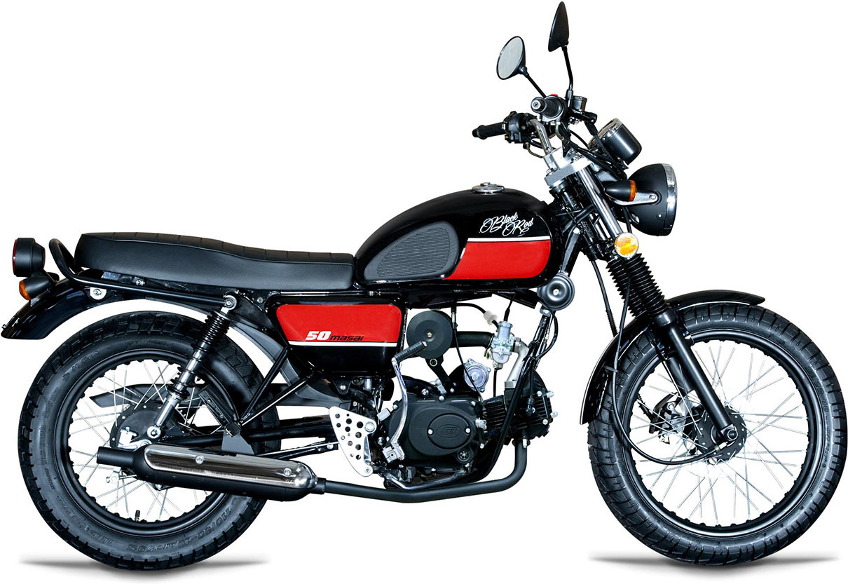 La Masai Black Rod est une moto vintage déclinée en 50cc (1390€) et 125cc (1690€)