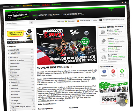 Aperçu de la nouvelle boutique en ligne de Maxiscoot (page d'accueil)
