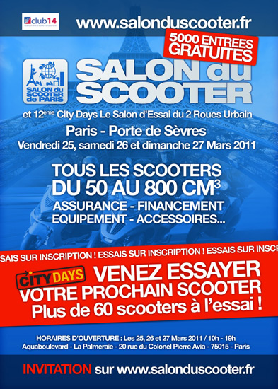 Affiche du Salon du scooter de Paris, avec infos sur les inscriptions et City Days